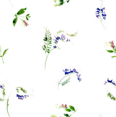 Blue Sweet Pea Watercolor Seamless Pattern, Hand Drawn Realistic Floral Textile Design