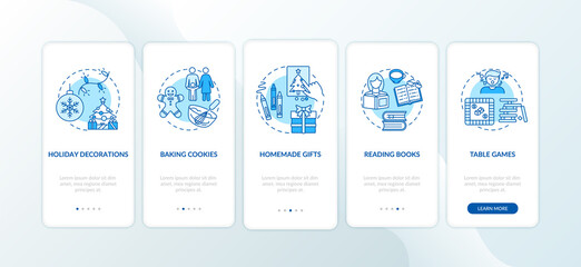 Christmas vacation ideas onboarding mobile app page screen with concepts. Homemade gifts, baking cookies walkthrough 5 steps graphic instructions. UI vector template with RGB color illustrations