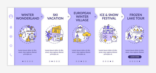 Winter vacation onboarding vector template. Winter Wonderland. European wintry village. Ice festival. Responsive mobile website with icons. Webpage walkthrough step screens. RGB color concept