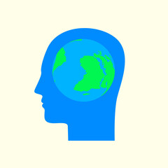 Blue silhouette of a human head in profile with the planet Earth in the brain area. Decorative vector banner, avatar, logo or icon for web. Vector illustration of globe in a human head