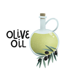 bottle of olive oil, green lettering organic nature illustration