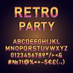 Fototapeta premium Retro party vintage 3d vector alphabet set. Retro bold font, typeface. Pop art stylized lettering. Old school style letters, numbers, symbols pack. 90s, 80s creative typeset design template