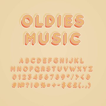 Oldies music vintage 3d vector alphabet set. Retro bold font, typeface. Pop art stylized lettering. Old school style letters, numbers, symbols pack. 90s, 80s creative typeset design template