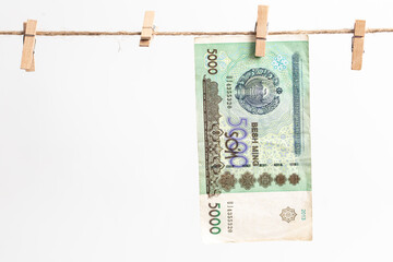 Uzbek soums hang on a rope on a white background.