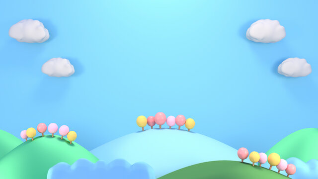 3d rendering picture of sweet cartoon mountains, trees, and clouds.