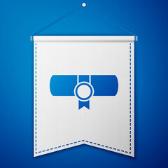 Blue Decree, paper, parchment, scroll icon icon isolated on blue background. White pennant template. Vector.