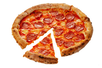 Delicious pizza served on wooden plate isolated on white