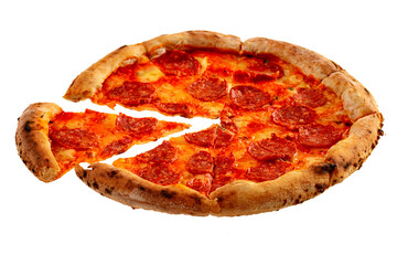 Delicious pizza served on wooden plate isolated on white