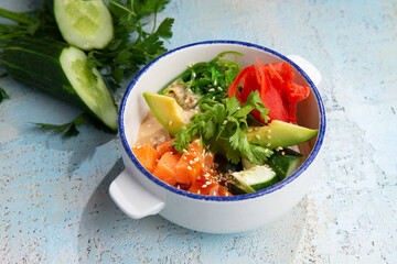 salmon tartare with avacado and herbs in a plate