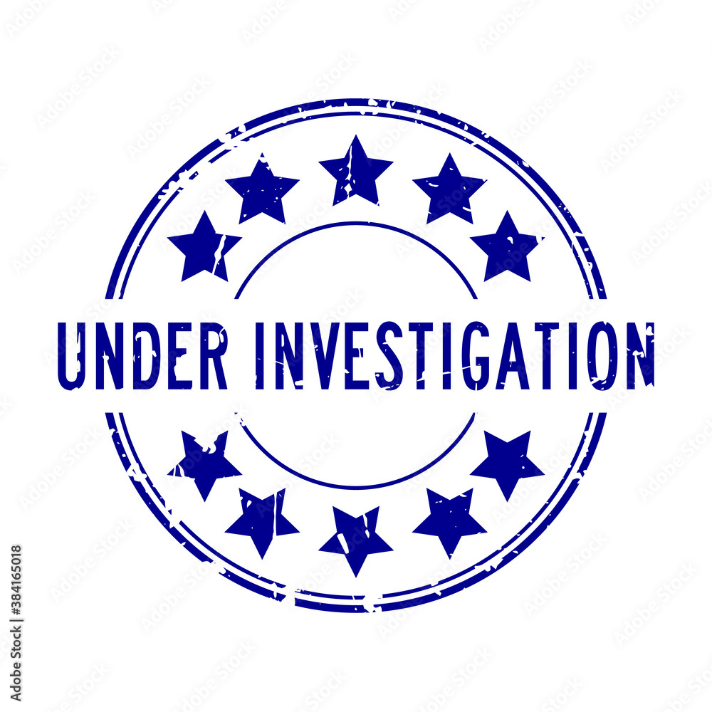 Poster Grunge blue under investigation word with star icon rubber seal stamp on white background