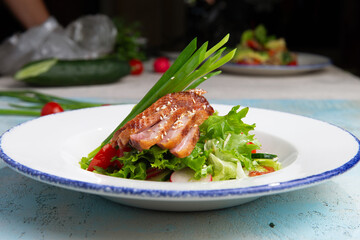 salad with duck and herbs in a plate