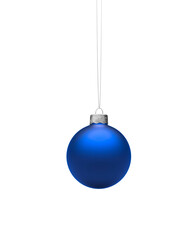 Round royal blue matt Christmas ball hanging on string isolated on white background.