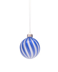Glossy royal blue and white twisted striped Christmas ball.