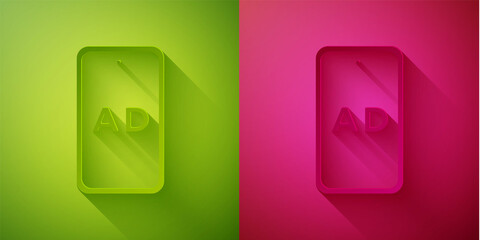 Paper cut Advertising icon isolated on green and pink background. Concept of marketing and promotion process. Responsive ads. Social media advertising. Paper art style. Vector.