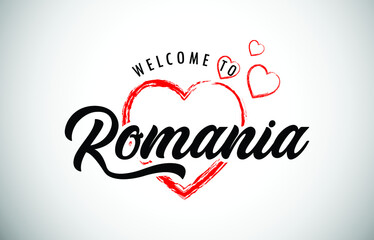 Romania Welcome To Message with Handwritten Font in Beautiful Red Hearts Vector Illustration.