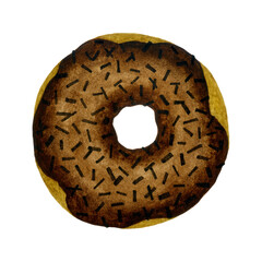 Sweet donut in brown chocolate glaze. Watercolor hand drawn illustration isolated on white background. Perfect element for banner, logo and stickers.