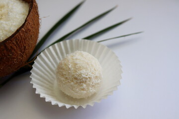 White ball in coconut flakes on a white background. Coconut dessert.