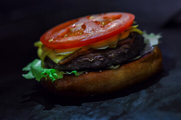 burger without top bun on a dark background