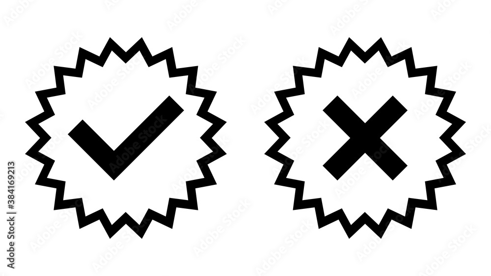 Poster set of yes and no or right and wrong or approved and rejected icons with check mark and cross symbol
