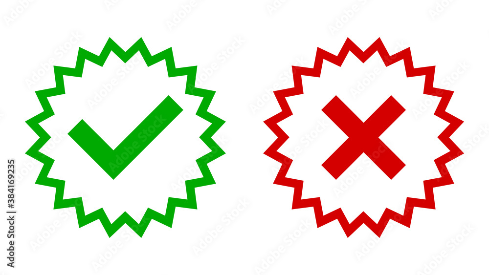 Poster set of yes and no or right and wrong or approved and rejected icons with check mark and cross symbol