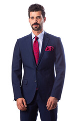 A young man wearing a black suit on a white background