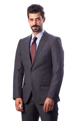 A young man wearing a black suit on a white background