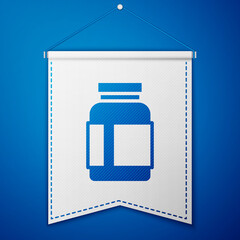 Blue Sports nutrition bodybuilding proteine power drink and food icon isolated on blue background. White pennant template. Vector.