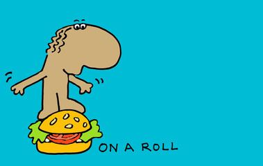 On a Roll. Cartoon drawing humorous. 