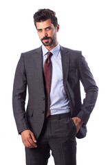 A young man wearing a black suit on a white background