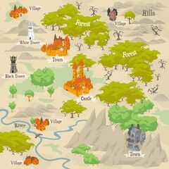 Map builder illusrations for fantasy and medieval cartography and adventure games, landmark scene mapped