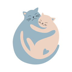 Hugging cats in love. Cute lovers cats sleeping in each other's arms. Happy Valentine card design. Vector illustration.