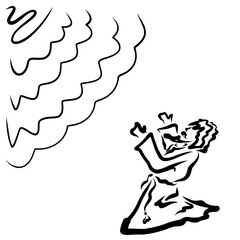 biblical apostle or prophet prays to God on his knees, God's light shines from the sky