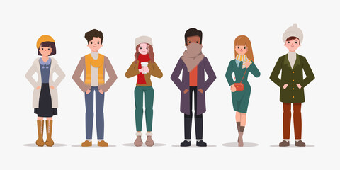 Set of people in winter clothes. Fashion of Winter, spring and autumn clothing collection.