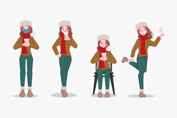Obraz premium Animation woman in winter clothes pose set. Wearing a face mask character.