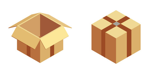 Fototapeta premium Carton delivery packaging open and closed box with fragile signs. Cardboard box mockup set. Vector illustration