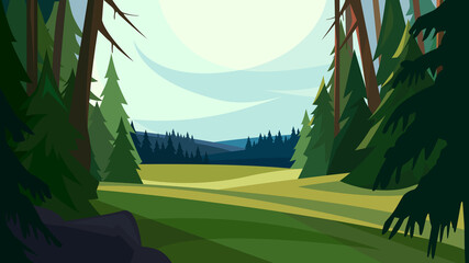 Beautiful coniferous forest. Nature landscape in cartoon style. © Pakon