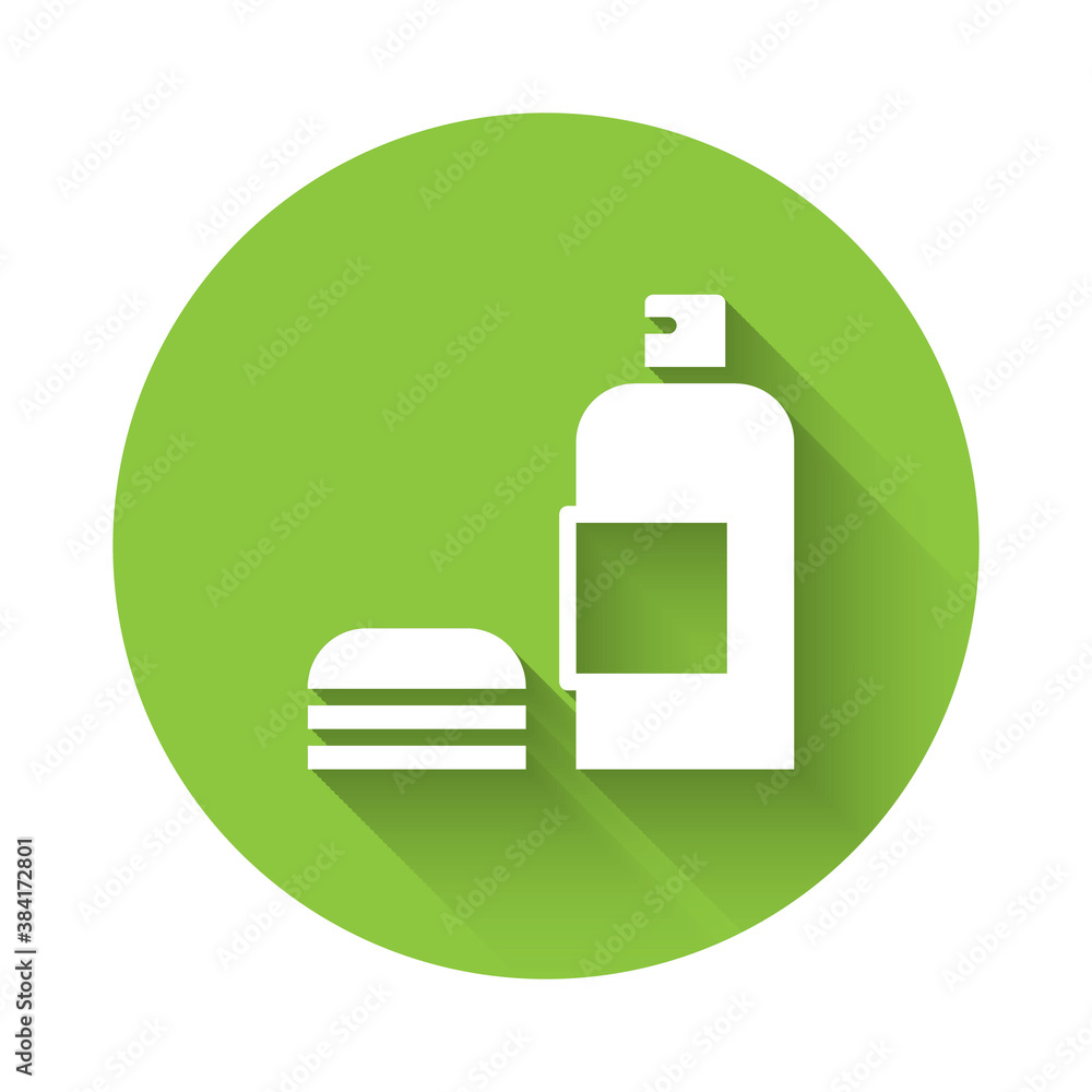 Poster White Bottle of shampoo icon isolated with long shadow. Green circle button. Vector.