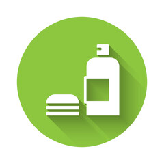 White Bottle of shampoo icon isolated with long shadow. Green circle button. Vector.