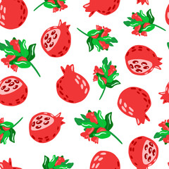 Seamless doodle pattern with isolated pomegranate and branches ornament. Green and red bright summer fresh print on white background.
