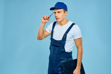 Delivery service man worker rendering service blue background