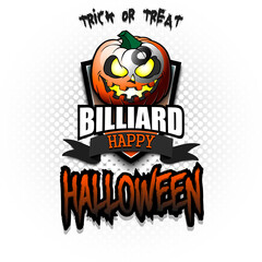 Happy Halloween. Template billiard design. Logo billiard ball in the form of a pumpkin on an isolated background. Pattern for banner, poster, greeting card, party invitation. Vector illustration