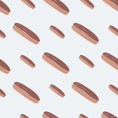 Doodle seamless pattern with chocolate eclair silhouettes. Light pastel background. Delicious pastry backdrop.