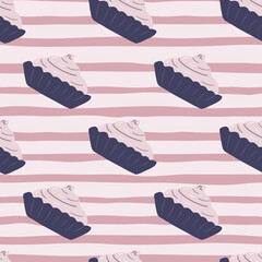 Tasty seamless doodle pattern with basket cream ornament. Sweet dessert silhouettes in purple tones on lilac and white striped background.