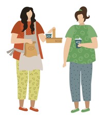 Takeaway food and drinks. Vector illustration.  The girl buys food. Pickup of food. The waiter accepts the order. Template for a postcard or banner.