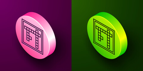 Isometric line Bingo icon isolated on purple and green background. Lottery tickets for american bingo game. Circle button. Vector.