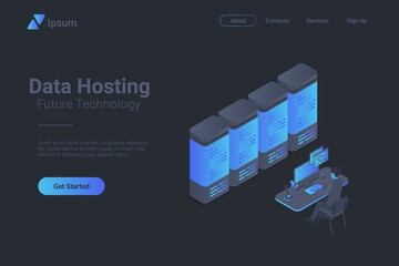 Data hosting Servers Isometric Flat black monochrome vector concept.