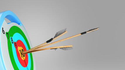 an arrow hits the target by cutting another arrow in half 3d render on grey gradient