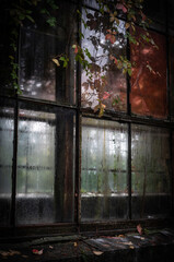 Rusty windows of the old abandoned greenhouse