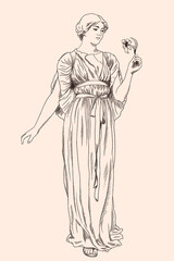An ancient Greek girl in a tunic with a flower in her hand. Hand sketch.