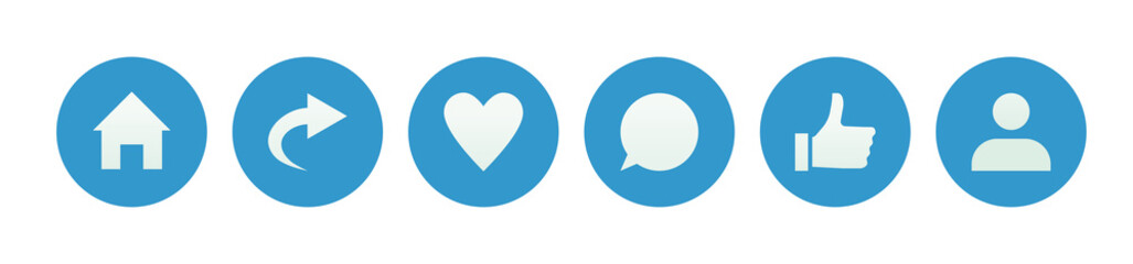 Social media communicating and app menu icons. Vector flat design of share, like, heart, speech bubble thumbs up, profile and home  web buttons.